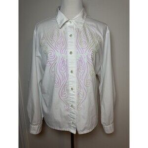 Bob Mackie Wearable Art White Button Front Shirt XL Iridescent Swirl Sequins